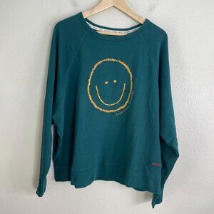 Peace Love World Womens XL Teal Long Sleeve Smile Face Sweatshirt Pullover Top